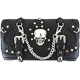 Punk Gothic Rock Metallic Skull Studded Chain Women Wristlet Removable Shoulder Strap Trifold Wallet Black