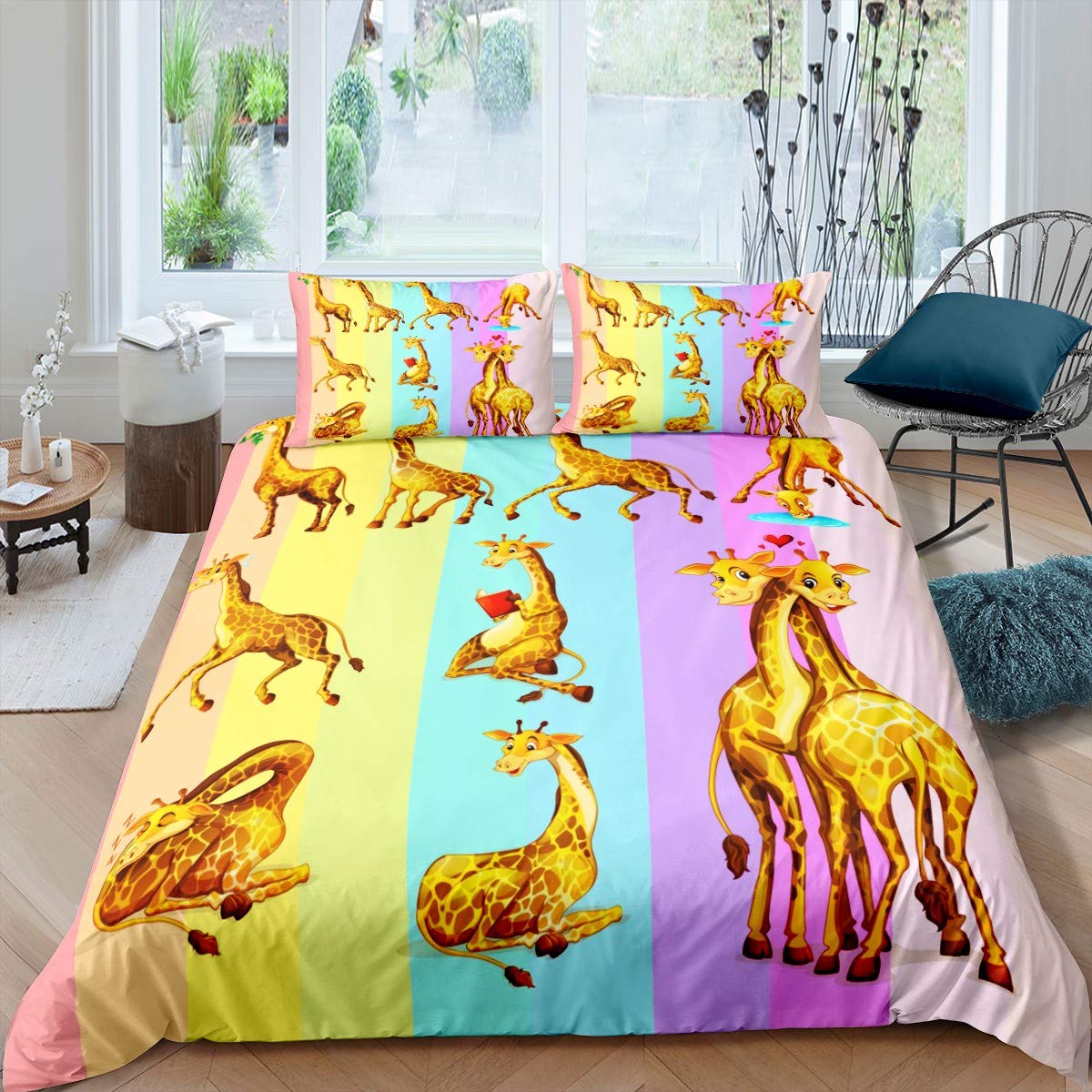 Homemissing Giraffe Duvet Cover Cute Couple Giraffe Bedding Set for Kids Boys Youth Lovely Rainbow Geometric Stripe Comforter Cover Wild Animal Bedspread 2Pcs Single