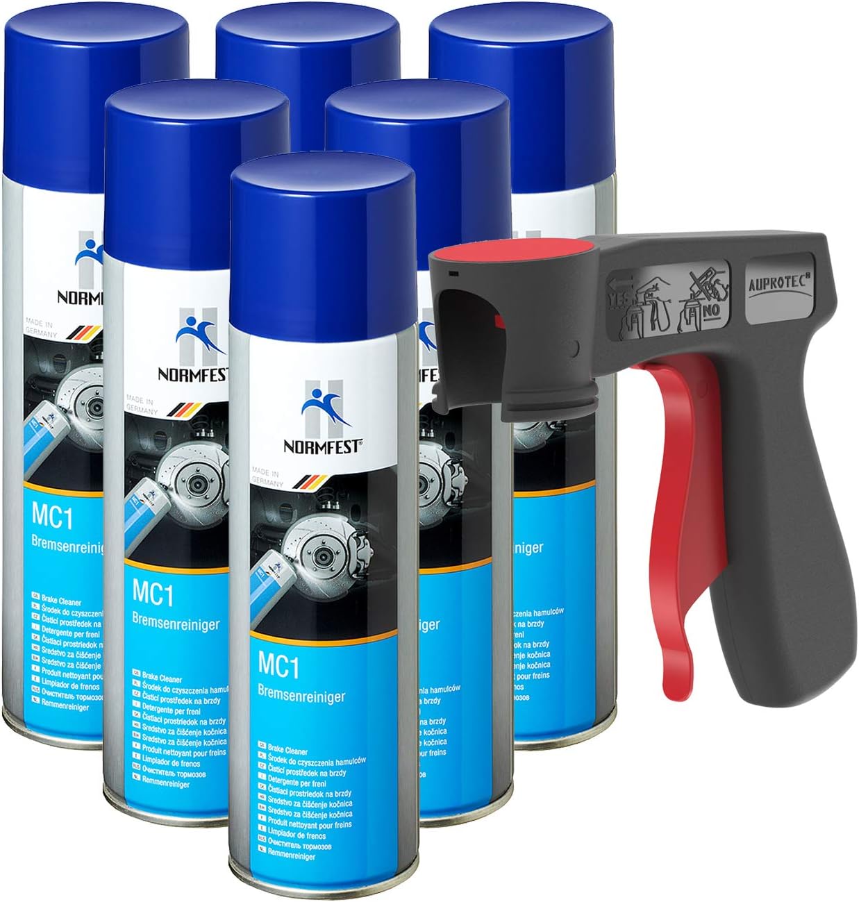AUPROTEC Brake Cleaner Kit: Normfest MC-1 Multicleaner Intensive Cleanser transparent Spray 6x 500ml + 1x Original Pistol Grip for Aerosols Spray Can Holder