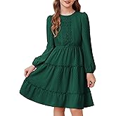 GRACE KARIN Girls Long Sleeve Fall Dress Casual Party Teen Swiss Dot Ruffle Tiered Lace Dresses for 7-14 Years