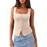 REORIA Women's Sexy Ribbed Button Down Square Neck Tank Tops Trendy Y2K 2026 Summer Sleeveless Going Out Vest Crop Tops