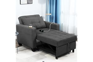 DURASPACE 39 Inch Sleeper Chair 3-in-1 Convertible Chair Bed Pull Out Sleeper Chair Beds Adjustable Single Armchair Sofa Bed with USB Ports, Side Pocket, Cup Holder (Dark Gray Linen)