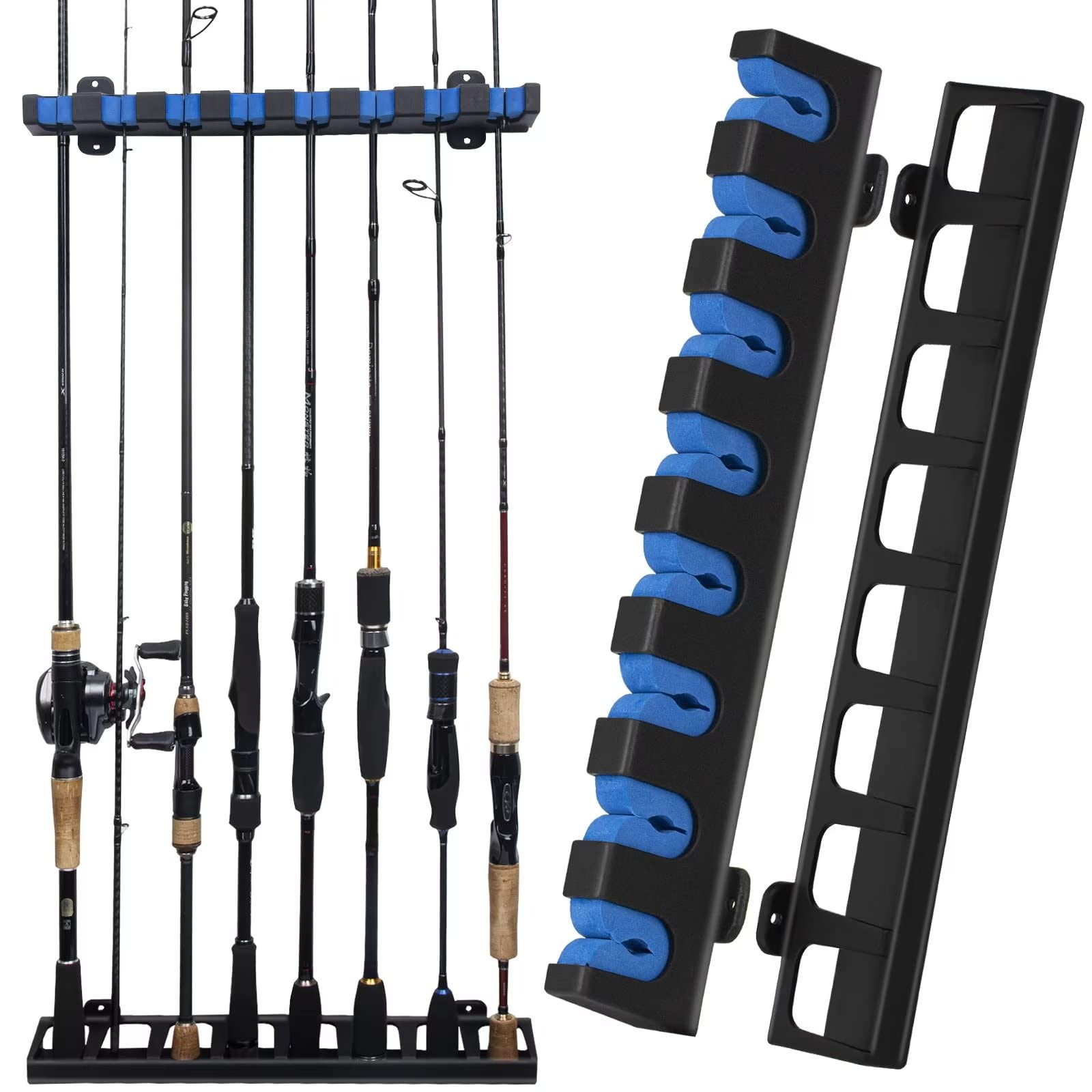 THKFISH Fishing Rod Holders Fishing Rod Rack Wall Mount Vertical Fishing Pole Holders for Garage Room, Boats Store 8 Fishing Rod Combos,1pair blue