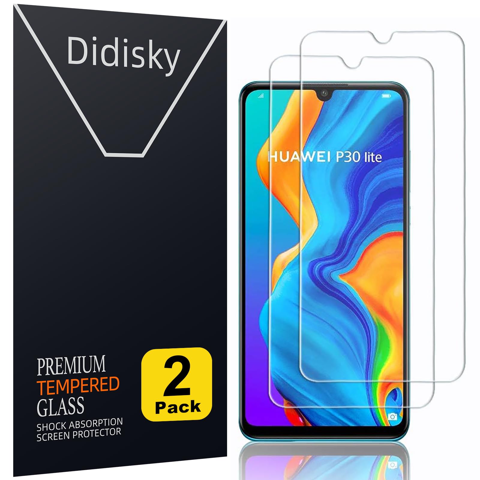Didisky Tempered Glass Screen Protector for Huawei P30 Lite and P30 lite New Edition, [ 2 Pack ] Anti Scratch, 9H Hardness, No Bubbles, High Definition, Easy To Apply, Case Friendly