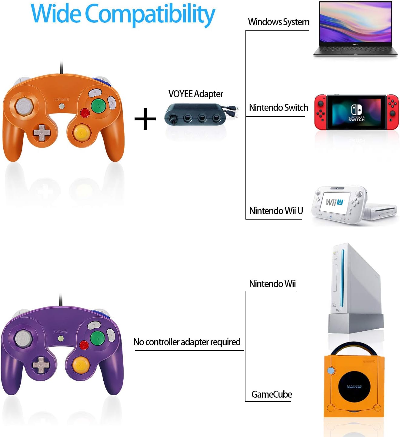 Gamecube Controller, VOYEE Wired Game Cube Gamepads 2 Pack for Nintendo Gamecube & Wii Console (Purple & Orange): Computers & Accessories