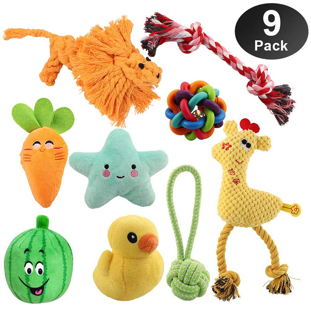 Dog Toys for Aggressive Chewers, Puppy Chew Toys - 100% Natural Cotton Rope Teething Toys - Squeak Toys - Dog Balls - Plush Dog Toy - Tug of War Ball - Toys for Small Pet Dogs 9 Pack Gift Set