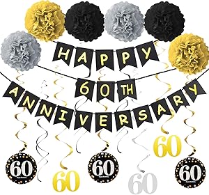 60th Anniversary Decorations Supplies Kit - Gold Glitter Happy 60th Anniversary Banner, 9Pcs Sparkling 60 Hanging Swirl, 6Pcs Poms - for 60th Wedding Anniversary Party Decorations