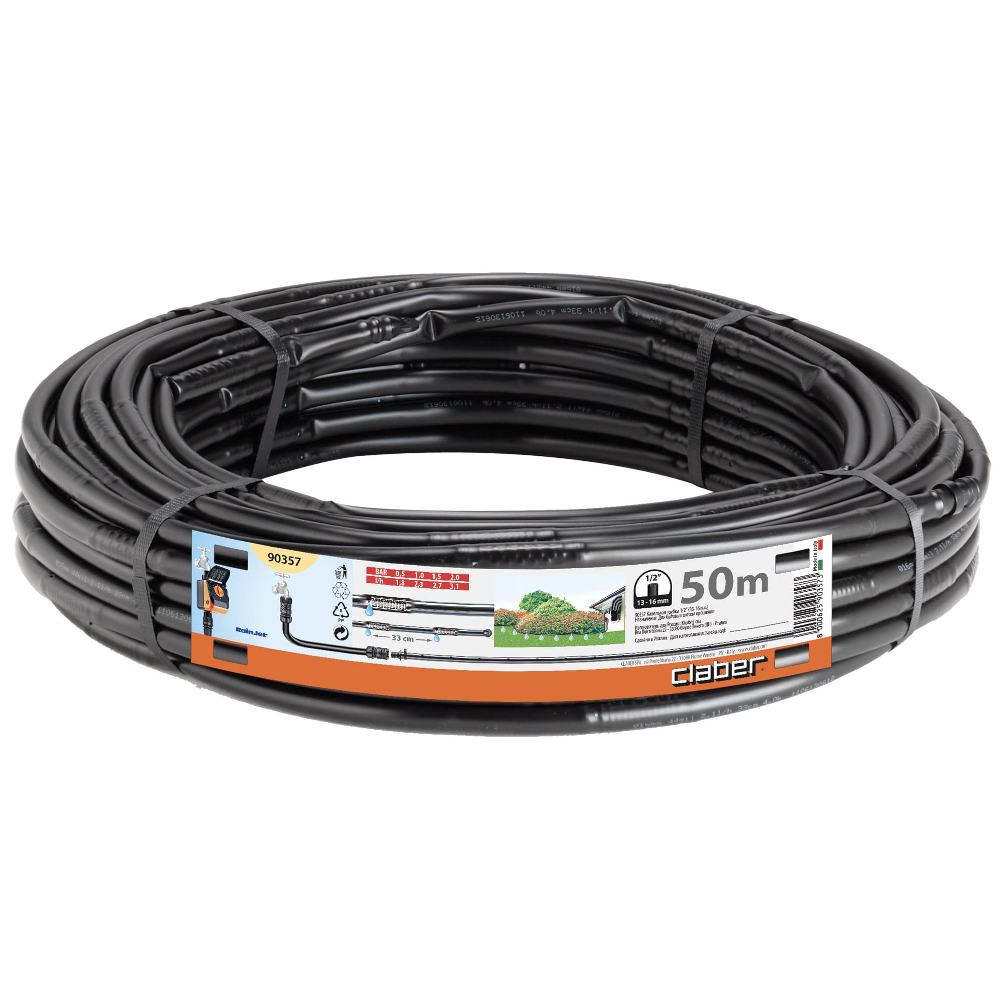 Claber 90357 Drip Hose Polyethylene 1/2, Black, 50 m