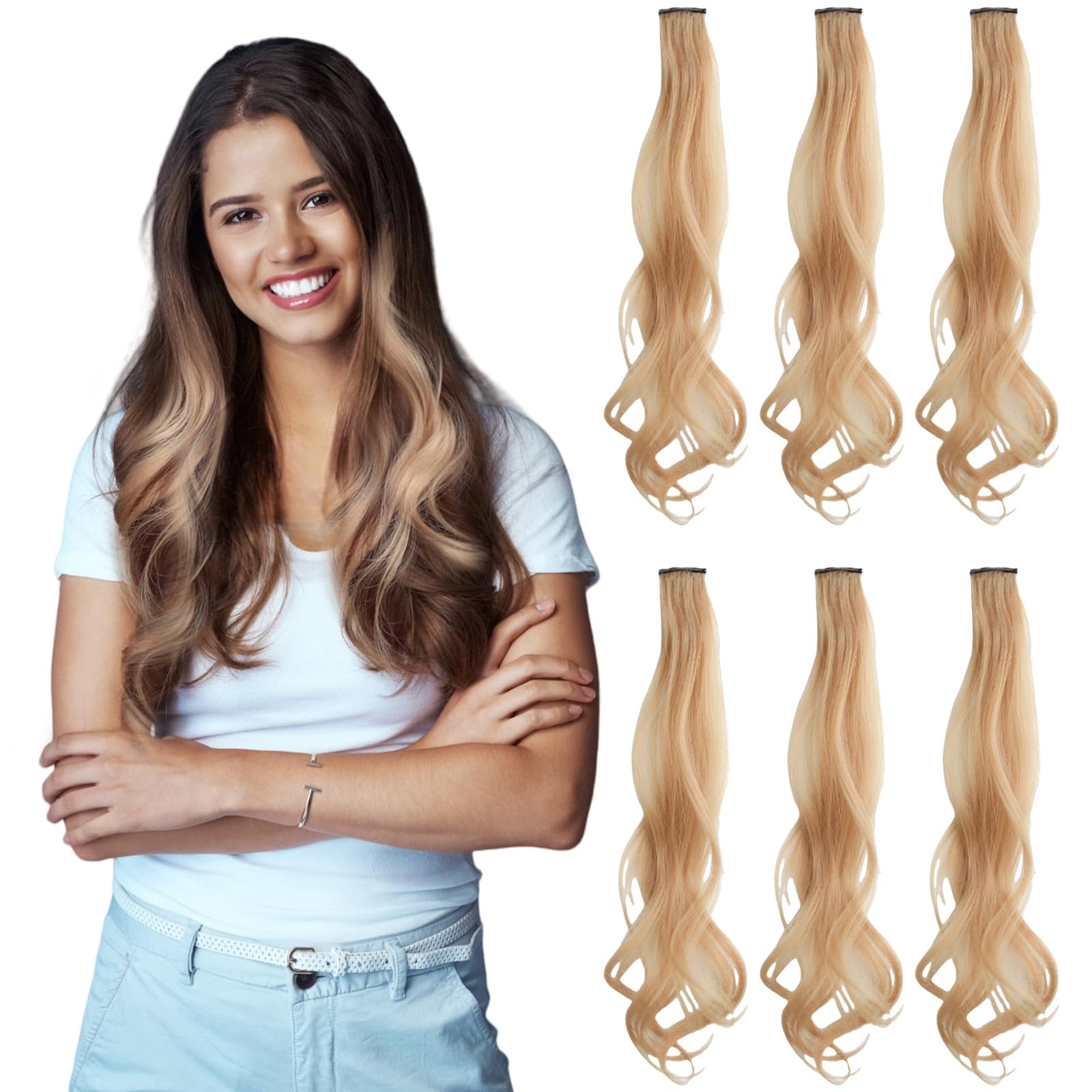 Traziewell Blonde Hair Extensions 6 PCS Long Natural Curly Clip in Hair Extension Synthetic Hairpieces for Women, 0110
