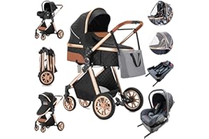 Zkiprm 3 in 1 Stroller, Infant Stroller with Automobile Seat, Portable Baby Stroller, One-Click Folding, Combination Stroller Landscape High Aluminum Frame (Black 3 in 1)