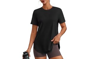 PINSPARK Workout Tops for Women UPF 50+ Hip Length Athletic Shirts S-3XL | Crew Neck, Side Slits, Loose Fit, Ultra-soft, Quick Dry, Running, Exercise, Gym, Hiking, Women Short Sleeve T Shirt