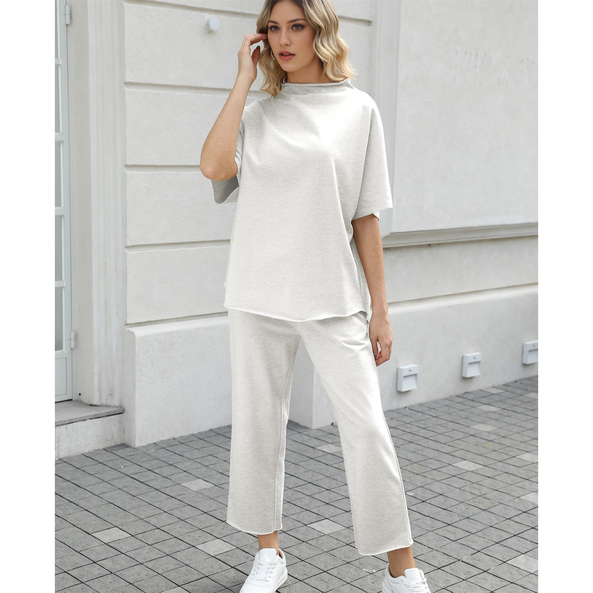 SeeLuNa Women's Two Piece Outfits 3/4 Batwing Sleeve Capelet Crew Neck Pullover Top Wide Leg Pants Lounge Set(Light Gray,L) - Image 5