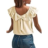Dokotoo Womens Tops Casual Square Neck Bow Tie Back Blouse Ruffle Butterfly Sleeve Babydoll Textured Shirt