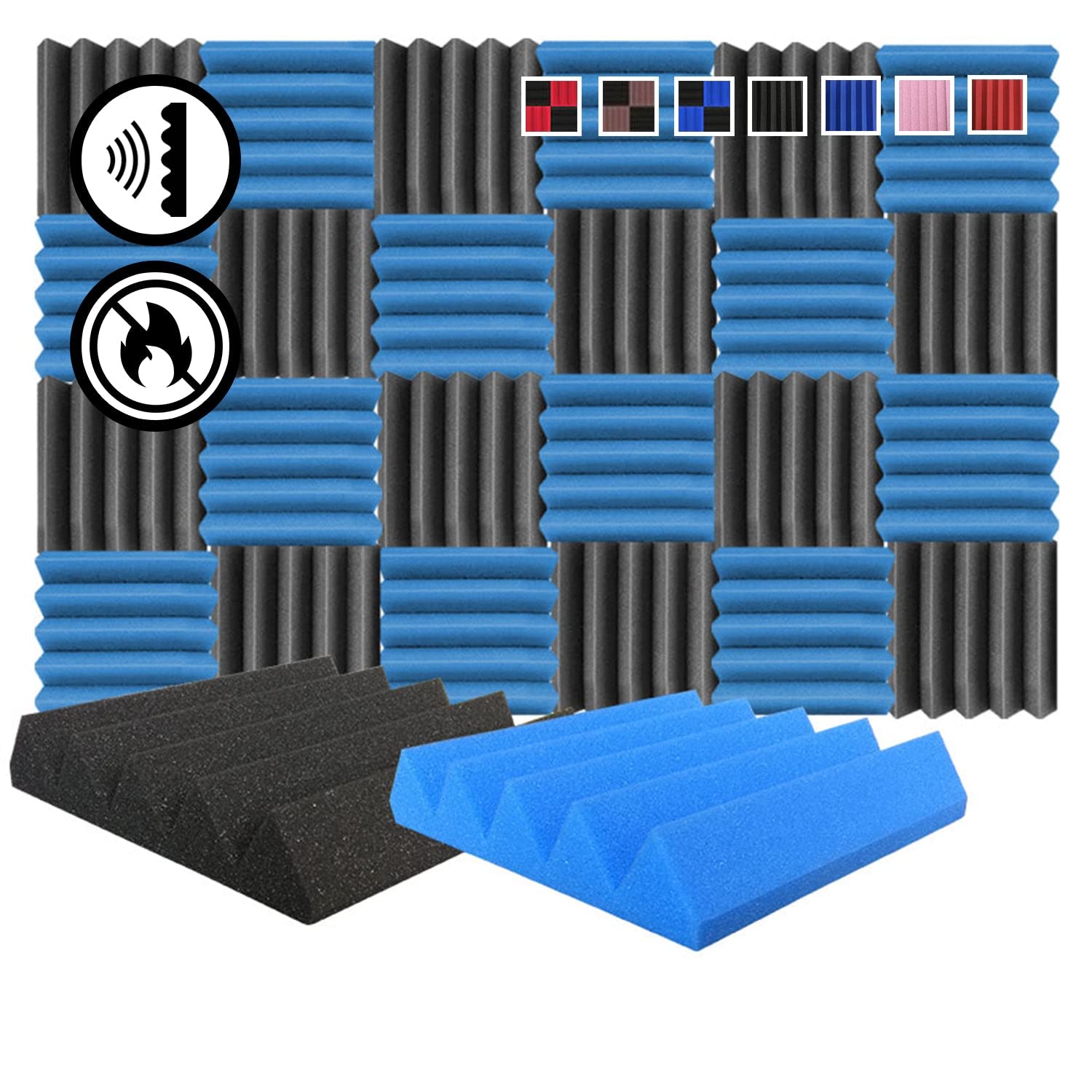 Arrowzoom 24 Acoustic Panels Wedge Sound Absorbing Acoustic Treatment Tiles 25x25x5cm Recording Studio Noise Cancellation 26kg/m3 High Density Walls Dampening Foam Fire Retardant Blue Black 1134