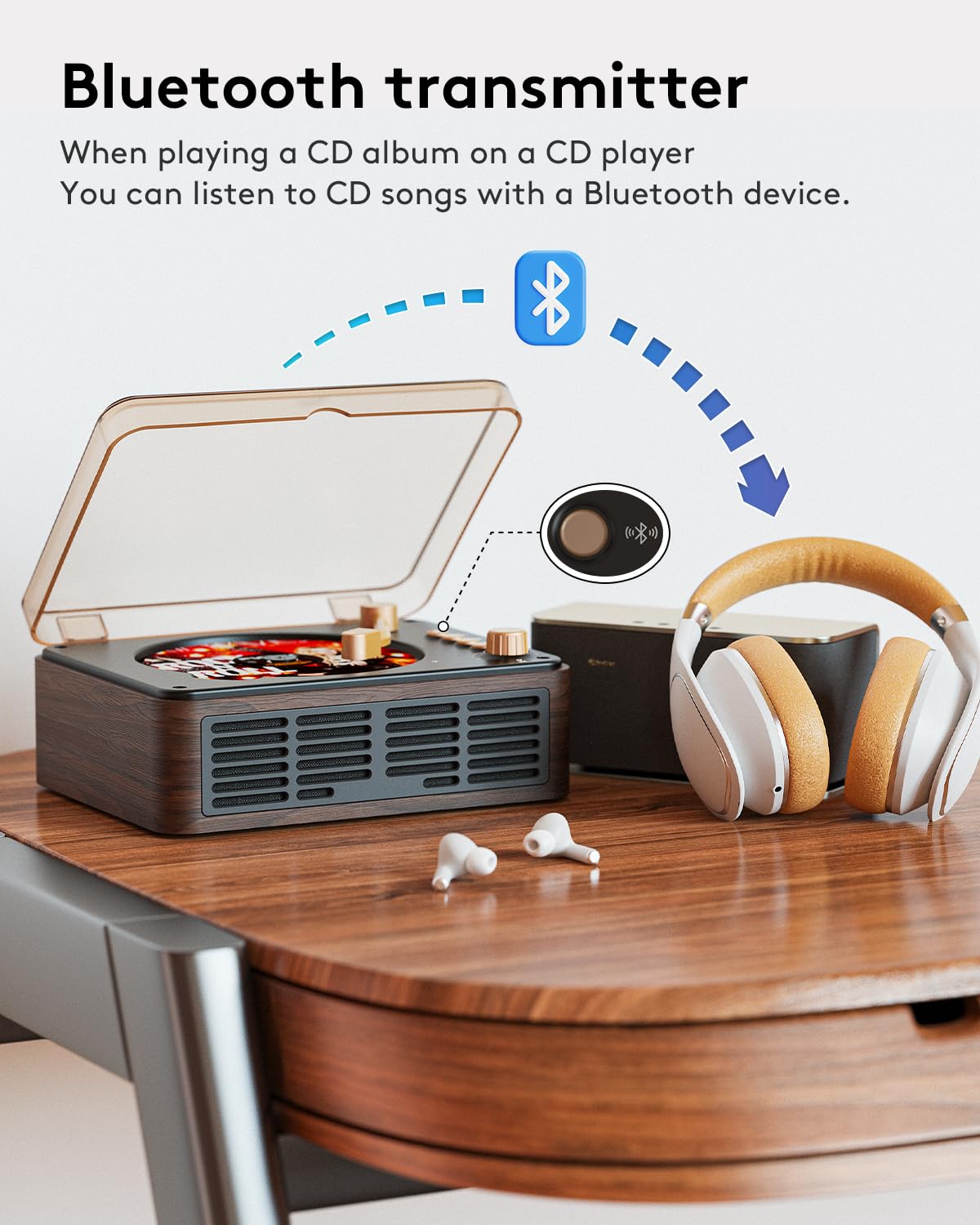 CD Player with Speakers Bluetooth Nostalgic Retro Portable CD Players for Home Wood Music Player FM Radio for HomeWired and Remote Control-Walnut Brown