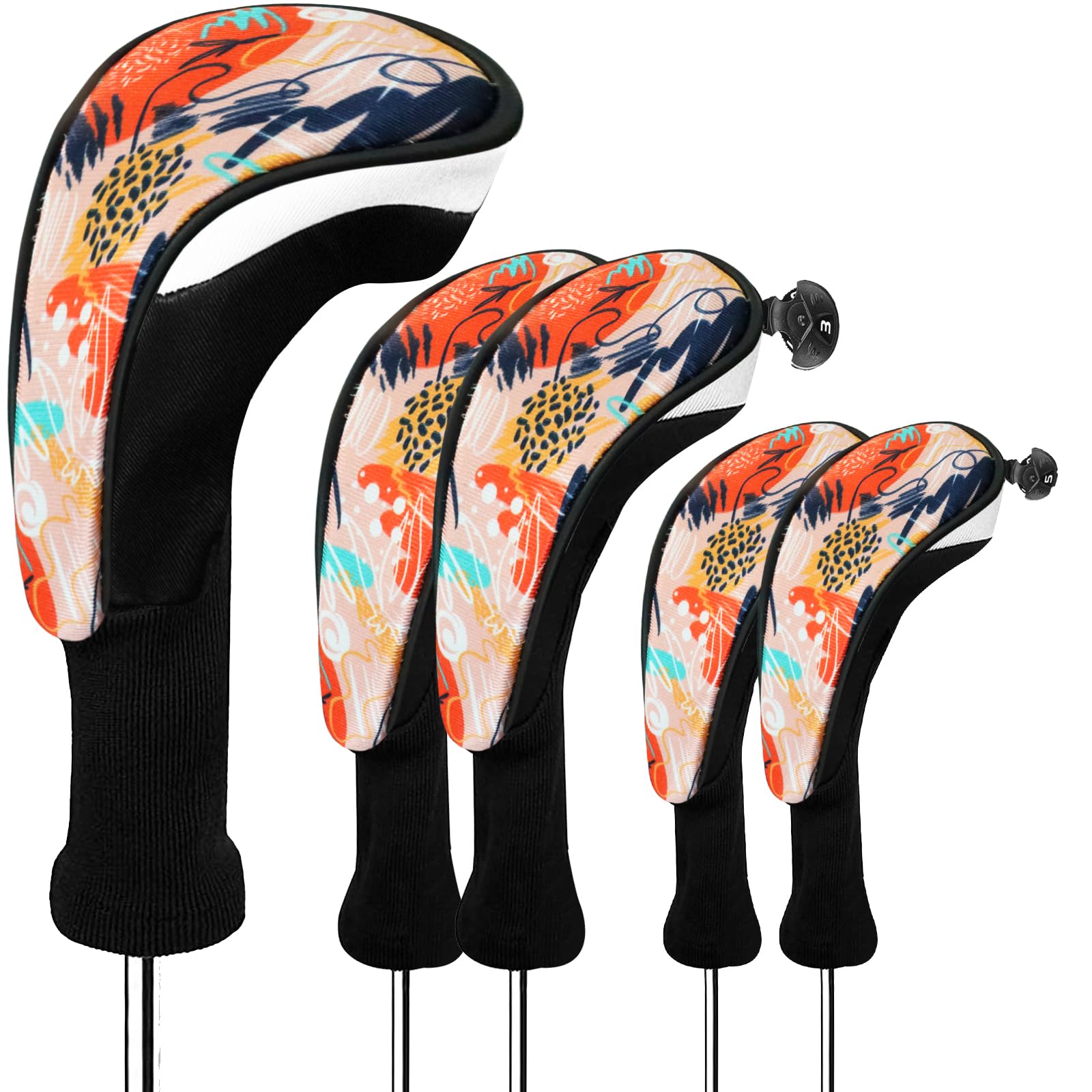 FINGER TEN Golf Club Head Covers for Woods Long Cover Driver Hybrid Fairway, Headcovers with Interchangeable No. Tag Novelty Durable Fit Woods Clubs (Orange-5 pack (1 Driver& 2 Fairway&2 Hybrid))