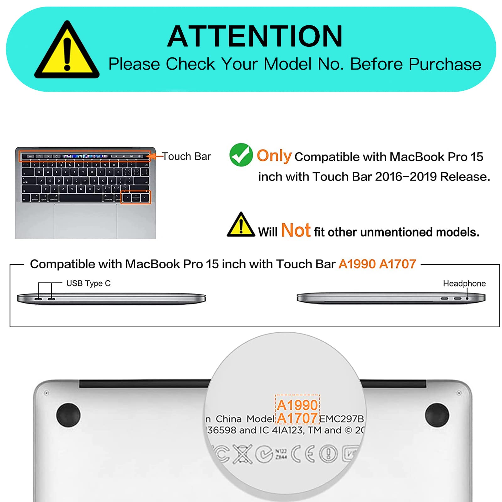 MOSISO Compatible with MacBook Pro 15 inch Case 2019 2018 2017 2016 Release A1990 A1707 with Touch Bar, Plastic Hard Shell Case & Keyboard Cover & Screen Protector & Storage Bag, Black