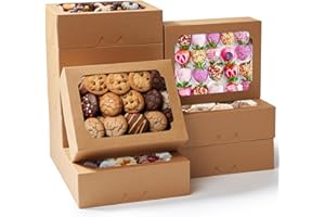 Happyhiram Cookie Boxes 8-Inch, Pop-up Bakery Treat Boxes with Window, Dessert Pastry Box Brown for Gift Giving, Cookies, Chocolate Covered Strawberries, Candy, Charcuterie and Donuts, 28Pcs