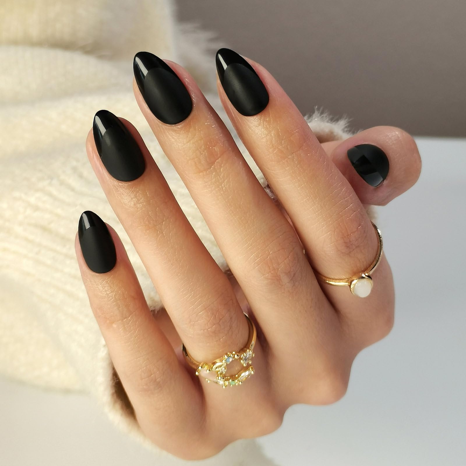 SHANGMENG Matte Black French Tip Press on Nails Almond - Soft Gel Press on Nails Short for Women Gift, Fit Perfectly & Natural Stick on Nails with Glue in 16 Sizes - 32 Reusable Fake Nails, Black