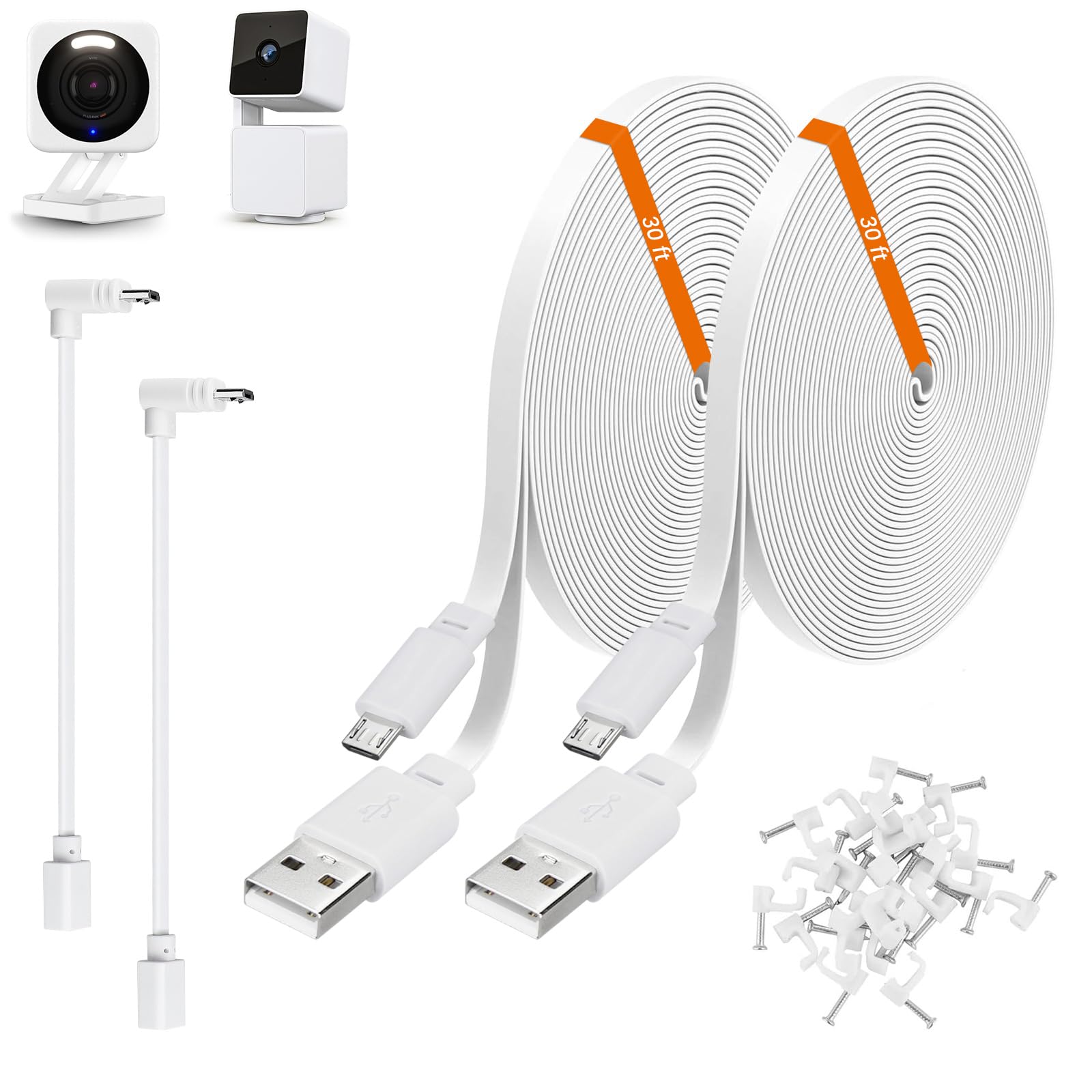 Photo 1 of 2 Pack 30ft Power Extension Cable Compatible with Wyze Cam v4,Wyze Cam Pan v3,Wyze OG,Wyze Cam v3 and v3 Pro Security Camera - 9m Long Flat USB to Micro USB Charging Cord with L-Shaped Adapter, White