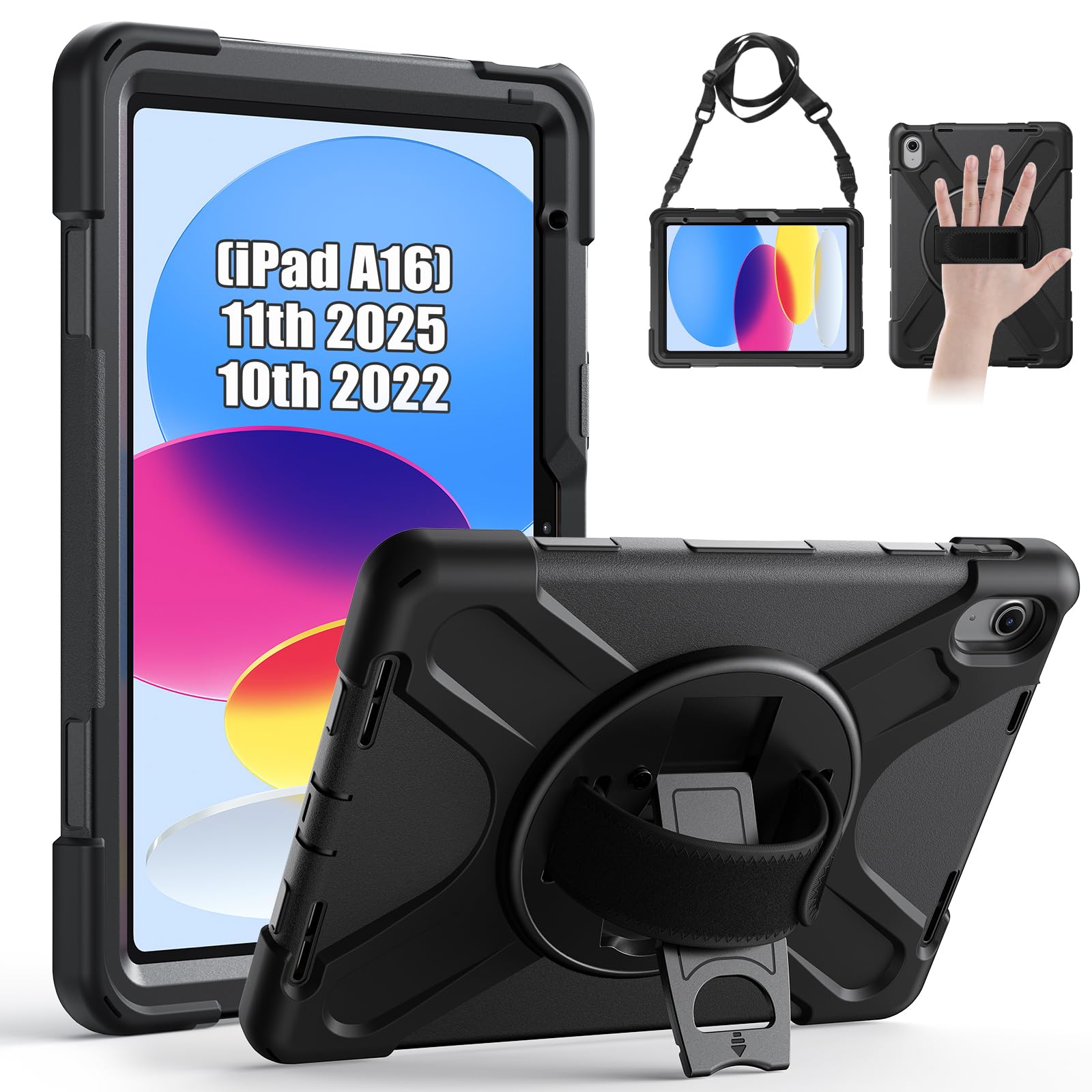 Gerutek Case for iPad A16 11th Generation 2025 (11") & 10th Generation 2022 (10.9"), Shockproof Heavy Duty Cover with 360° Rotating Stand & Hand Strap, Shoulder Strap, Pencil Holder, Black