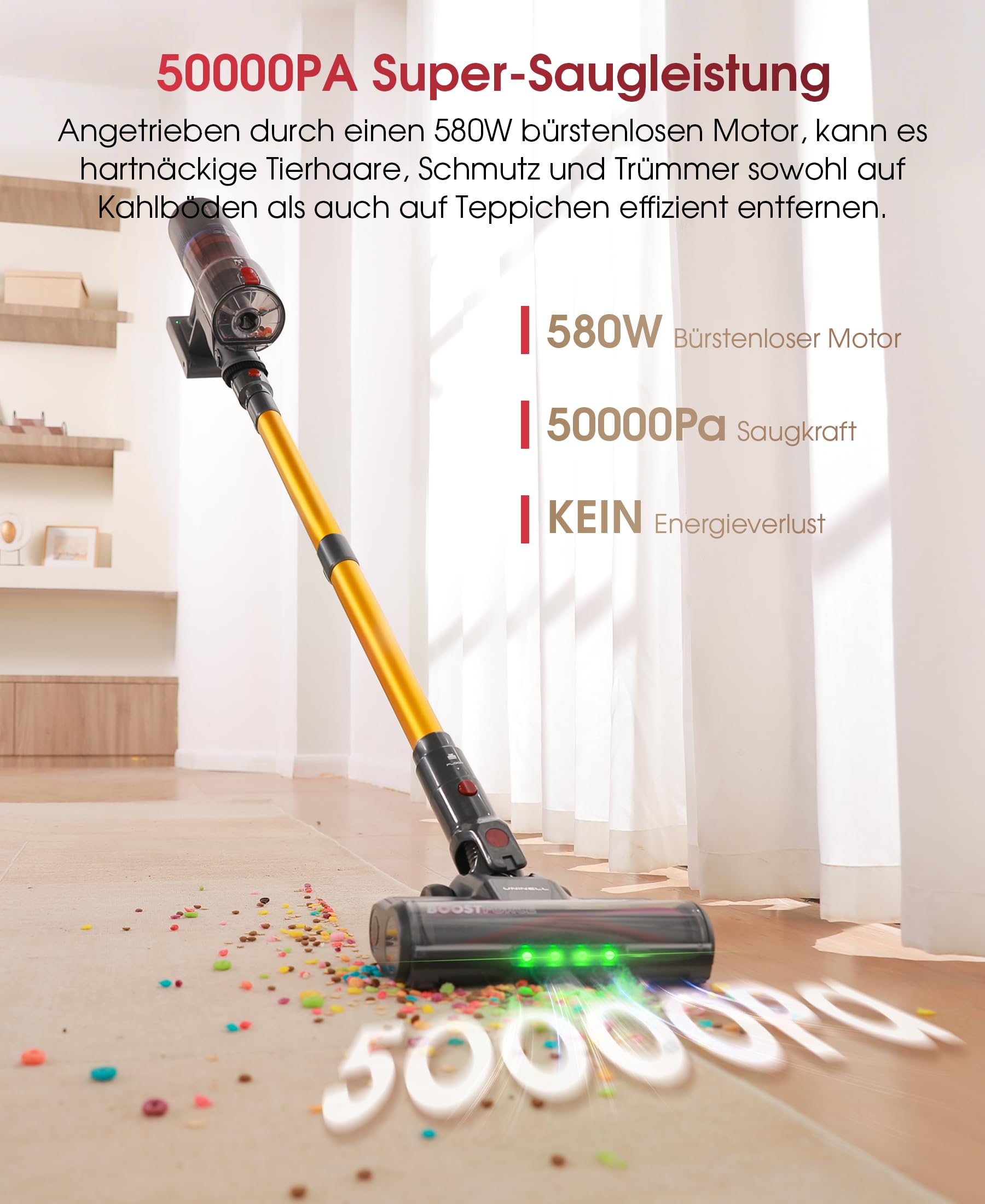 UNINELL HOME Akku Staubsauger 50000Pa/580W/70Min Upgrade, Staubsauger Kabellos Selbstladender mit LED Touchscreen/Anti-Tangle-Bürste, Selbststehend für Hartböden Teppiche Tierhaare 4