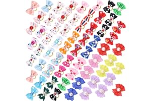 Comsmart 60Pcs 30 Pairs Yorkie Dog Puppy Hair Bows with Rubber Bands & Rhinestone Pearls & Handmade Lace Fabric, Cute Pet Small Hair Bowknot Grooming Accessories