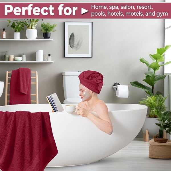 QUBA LINEN PACK OF 8 TOWELS SET, 2 LARGE BATH TOWELS, 2 HAND TOWELS, 4 WASH CLOTHS, 100% COTTON, LIGHTER WEIGHT, QUICKER TO DRY, SUPER ABSORBENT, PERFECT FOR BATHROOM (BURGANDY)