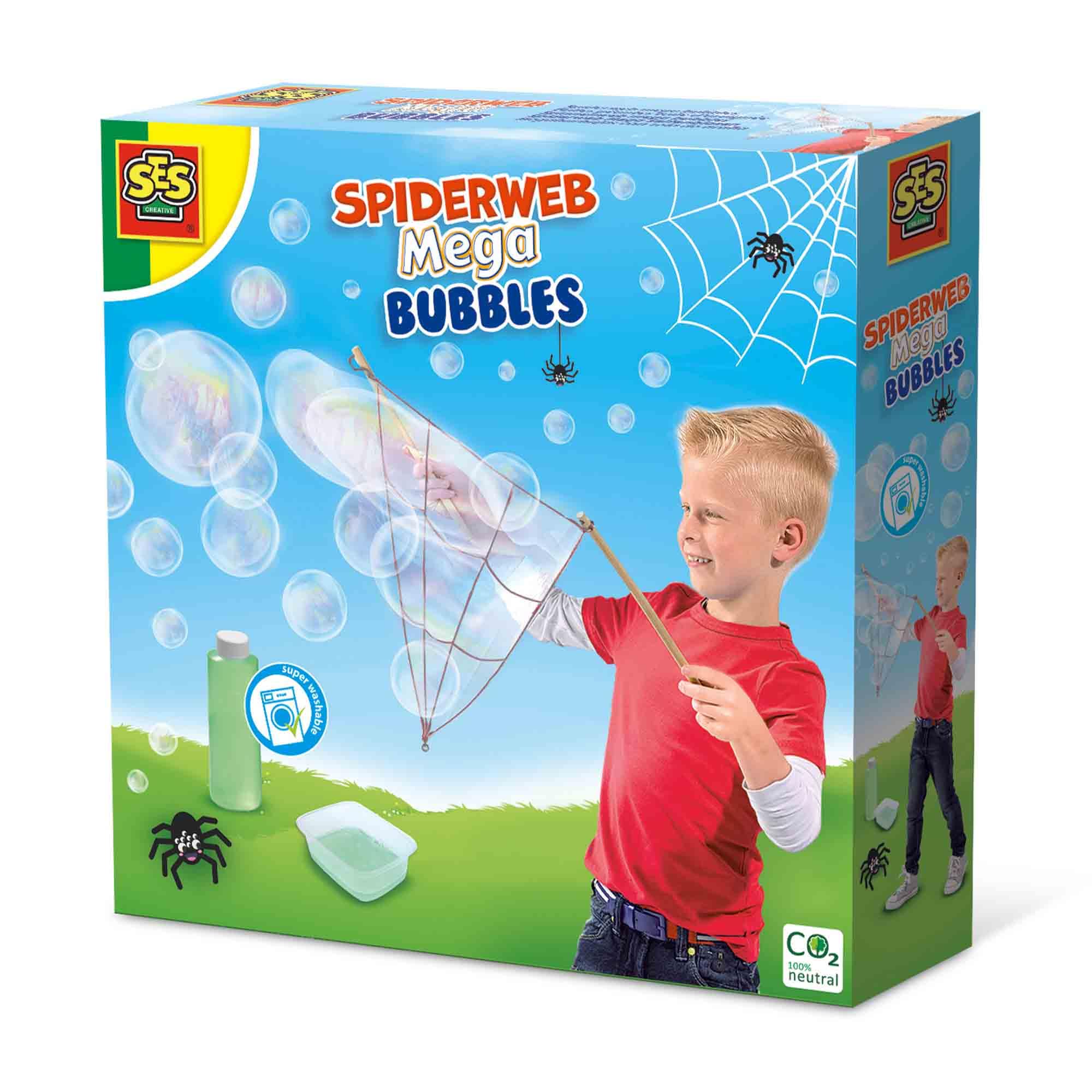 SES Creative 02322 - Spiderweb mega bubbles, super strong bubbles, bubble tool made of wood, fun activity for children