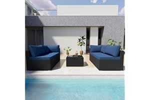 ELEGIBLISS 5 Pieces Patio Furniture Set - Outdoor Sectional Wicker Rattan Furniture with Cushion and Glass Table Patio Conversation Sets for Porch Poolside Backyard Outdoor Sofa Set Modular Sofa