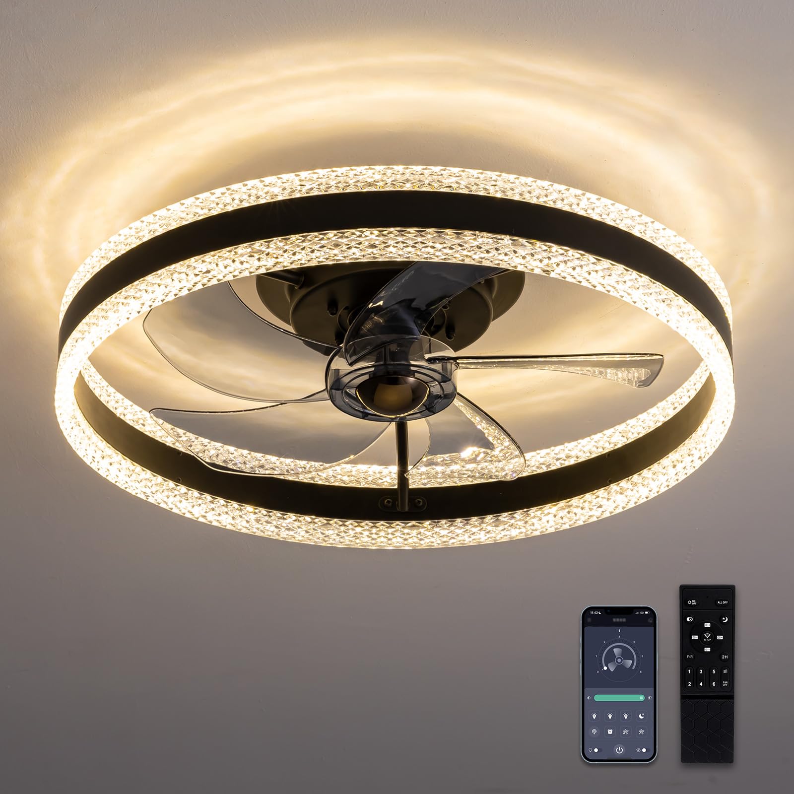 Photo 1 of LUDOMIDE Flush Mount Ceiling Fan, Ceiling Fans with Lights and Remote, 6 Winds Speeds, 20” Low Profile Ceiling Fan 3000-6000K Dimmable LED Light for Bedroom, Living Room, Dining Room and Kitchen
