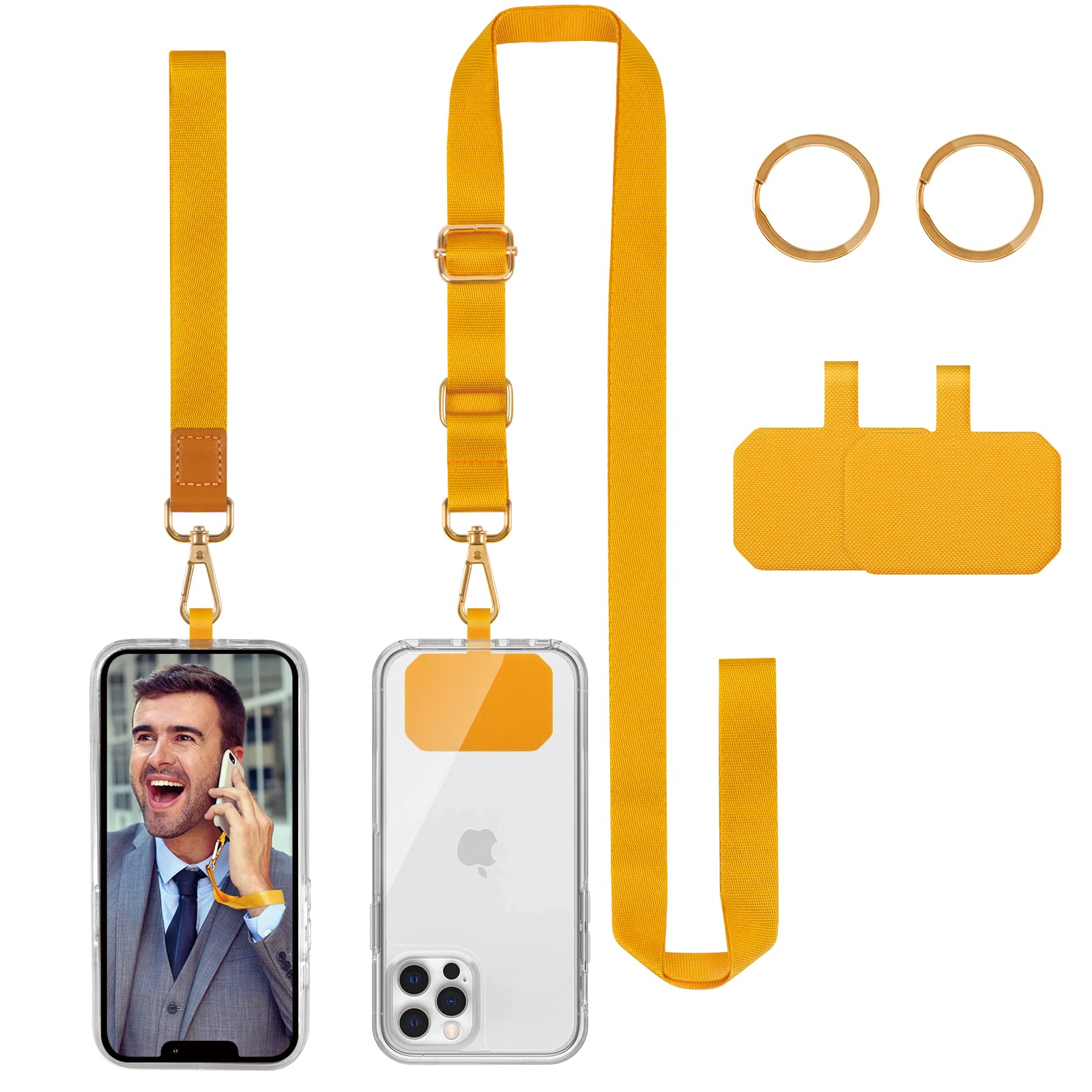 DGHYDZ Cell Phone Lanyard, Universal Crossbody Lanyards Adjustable Shoulder Neck Strap with wrist lanyard, 2 Key Rings, 2 Phone Tether Pads Compatible Most Smartphones (Bright Yellow)