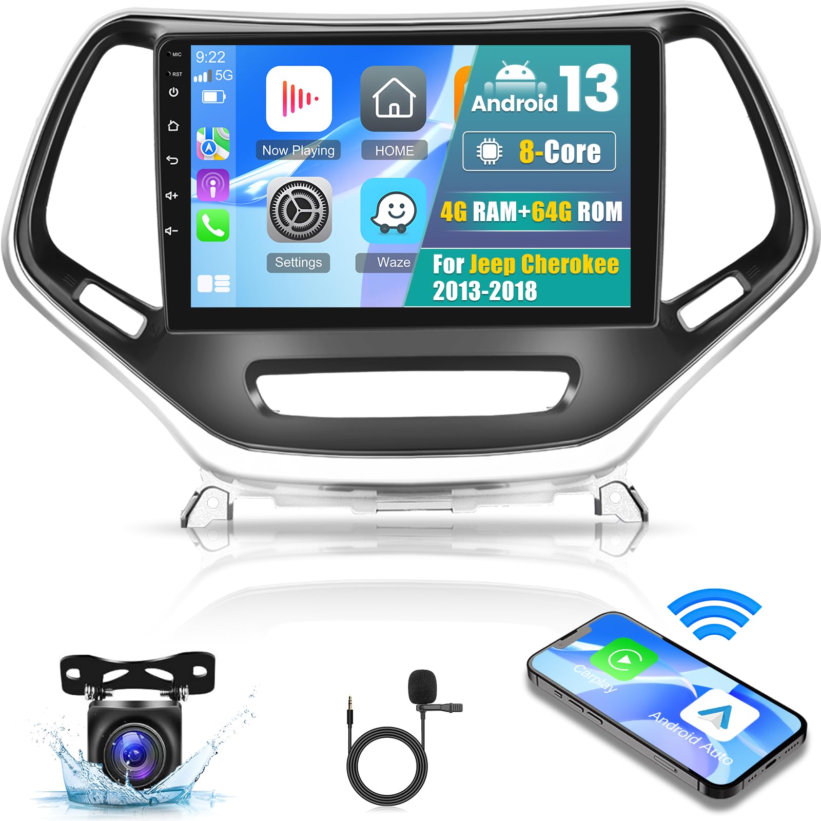 Photo 1 of [4G+64G] 8 Core Car Radio for Jeep Cherokee 2013 2014 2015 2016 2017 2018 - Android 13 Touch Screen Cherokee Stereo, DSP 32 EQ/IPS/Carplay/Android Auto/SWC/BT/WiFi + AHD Backup Camera