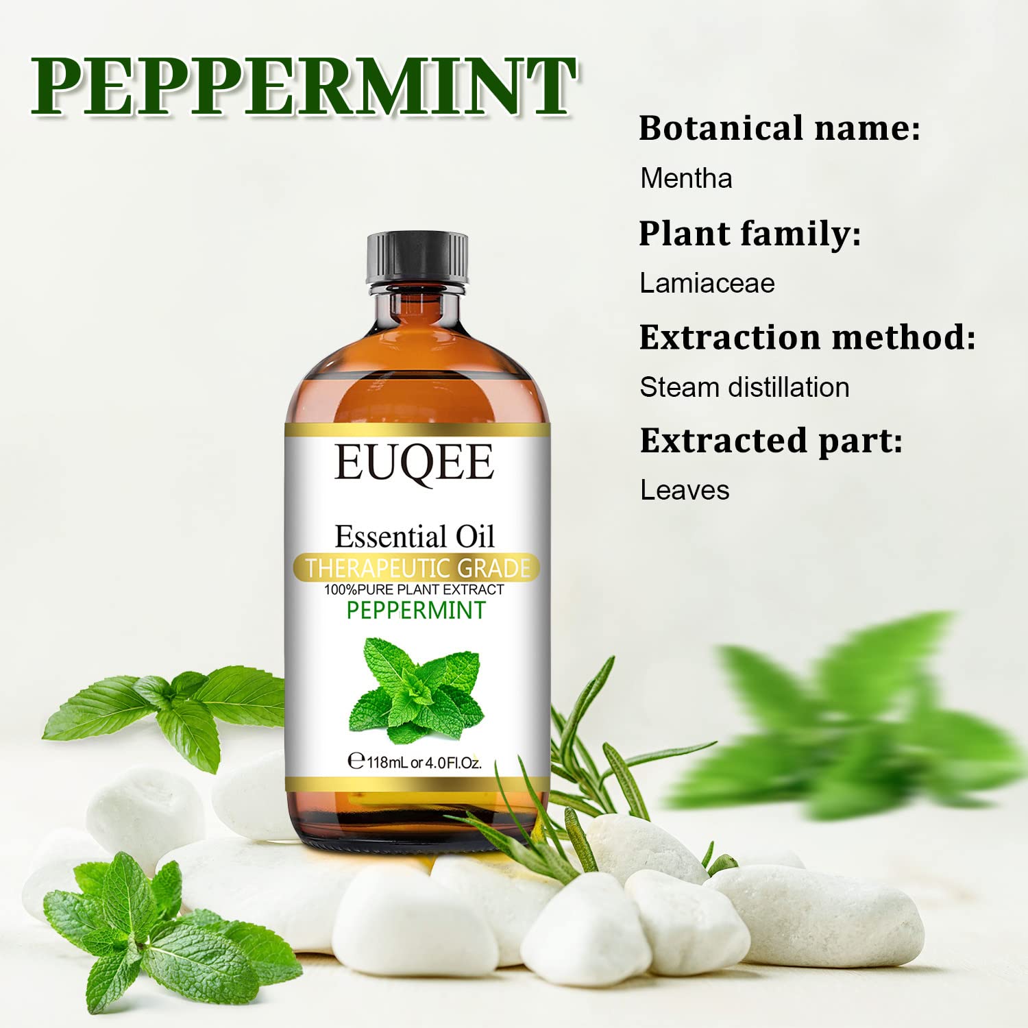 EUQEE Peppermint Essential Oil 118 ml Pure Peppermint Oil with Glass Dropper, Great for Aromatherapy, Diffuser, Soap Candle Making - 4Fl. Oz