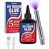 UV Resin Kit with Light, 60g UV Glue with Rechargeable Light, 5 Second Fast Cure UV Glue Adhesive, Clear Repair Kit for Welding Resin, Jewelry Bonding, Plastic, Glass, Acrylic, Craft Decoration