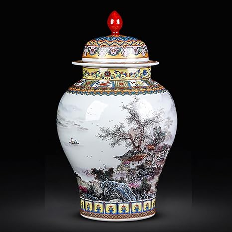 Amazon 古典的な中国塗装セラミック花瓶 古典的なキャラクター の風景絵画スタイル ホームベッドルームのオフィスの結婚式の装飾と贈り物のためのアンティーク中国の花瓶寺院jar A H63xw35cm 花器 インテリアボウル オンライン通販
