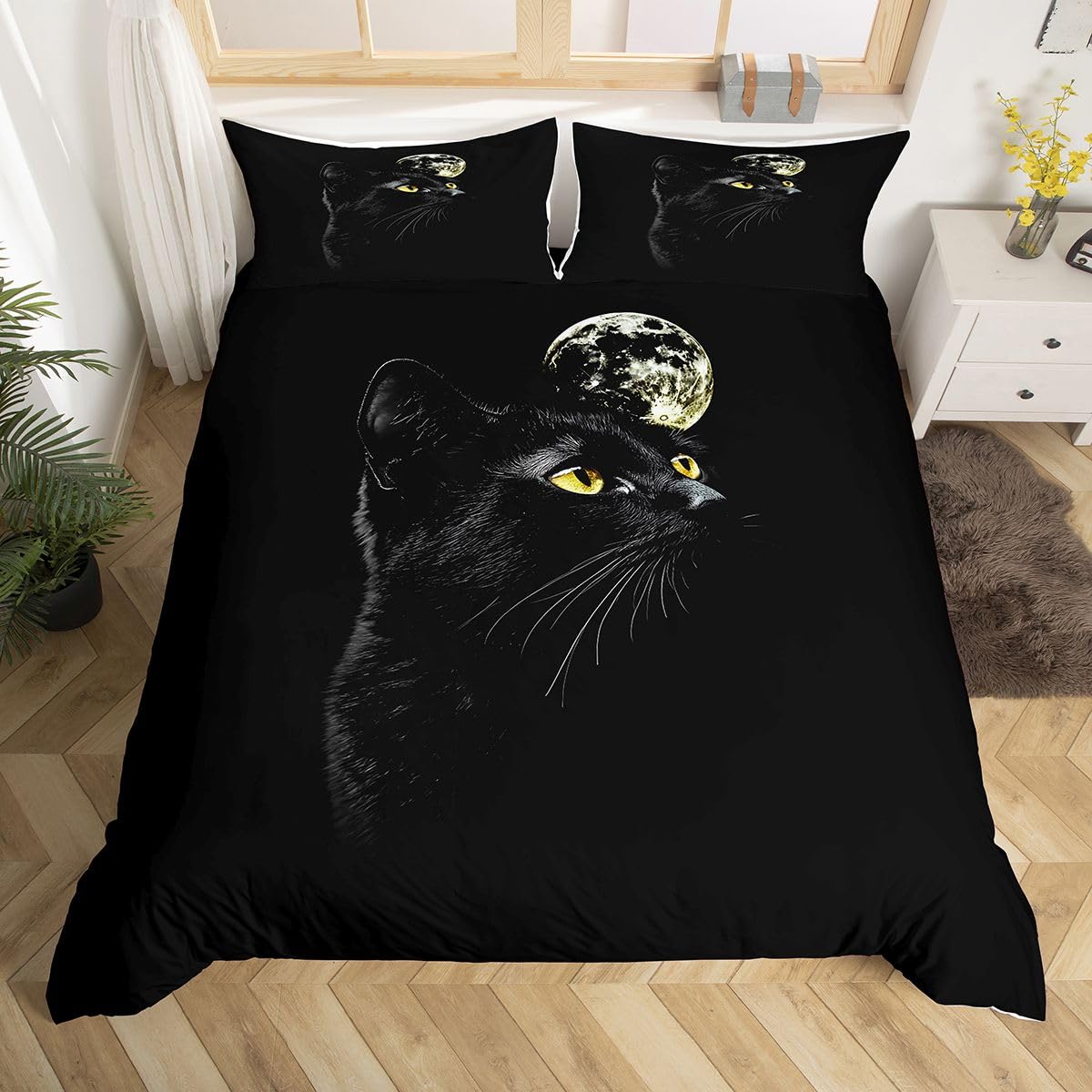 Homewish Cat Bedding For Girls Boys Cute Black Cat Pattern Bedspread 3 Piece Black Animal Print Decorative Duvet Cover Set Double Size Farmhouse Cats Decor Comforter Cover 2 Pillowcases