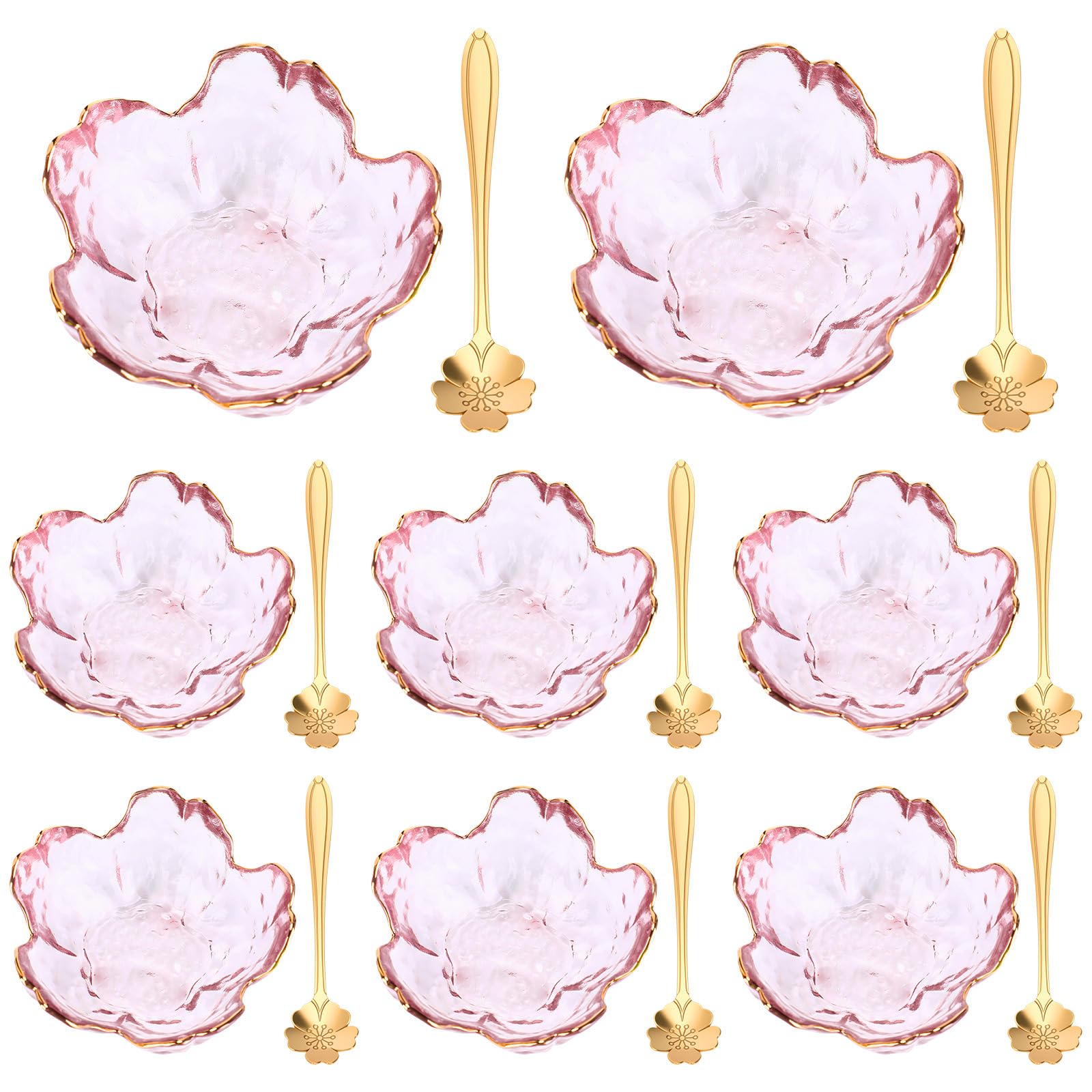 Photo 1 of Yiyiring Set of 8 Pink Cherry Blossom Glass Bowls with Flower Spoons, Sakura Sauce Dishes Seasoning Little Bowl with Gold Rim Japanese Flower Crystal Glass Appetizer Plates for Dipping Ice Cream