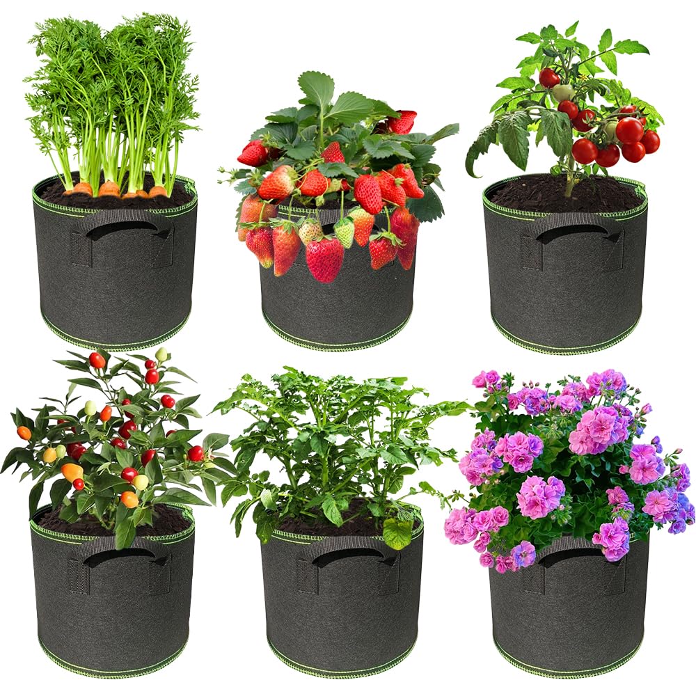 Lotvic 6 Pack 5 Gallons Grow Bags - Non-Woven Fabric Containers With Handles for Tomatoes, Potatoes, Vegetables, Plants, Flowers and Fruits - Breathable Planting Solution