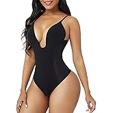 FeelinGirl Women's Tummy Control Shapewear Bodysuit Deep U Neck Thong Body shaper Seamless Slimming Shapewear