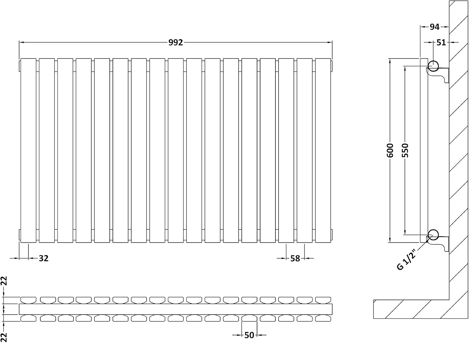 Nuie HLA56D Sloane Modern Home Wall Mount Designer Horizontal Double Panel Radiator, 600mm x 992mm x 72mm, Anthracite - Image 3