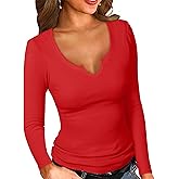 PALINDA Women's Ribbed Fitted Long Sleeve Shirts Basic Notch V Neck T Shirts Layering Tee Tops