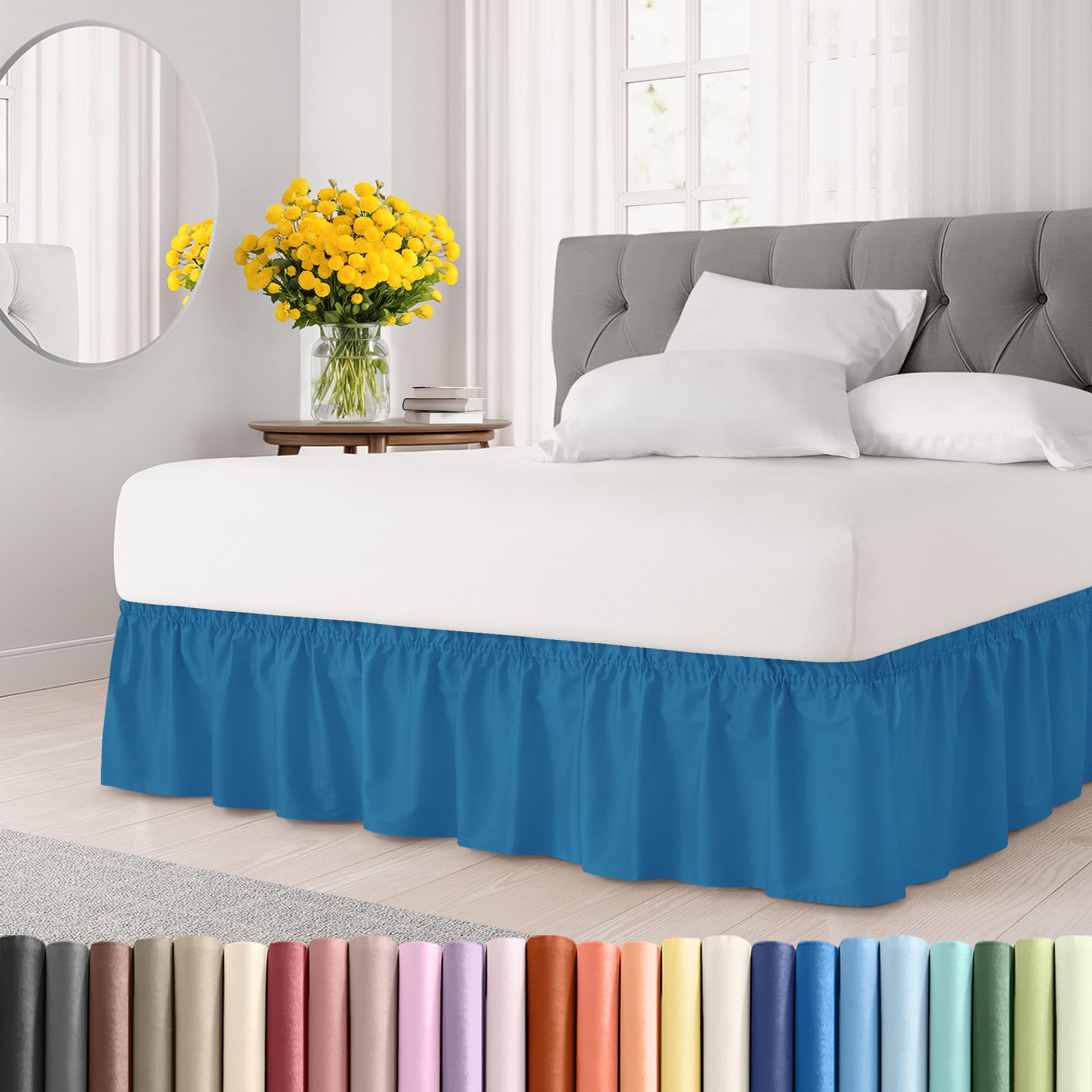 Photo 1 of Wrap Around Dust Ruffle Bed Skirt - Denim Blue - for Queen Size Beds with 15 Inch Drop - Elastic Strap - Adjustable Pleated Bedskirt with Brushed Fabric and Wrinkle Free - For Women, Men, Kids & Teens