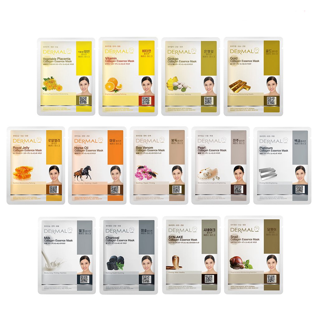 DERMAL 39 Combo Pack Collagen Essence Full Face Facial Mask Sheet - The Ultimate Supreme Collection for Every Skin Condition Day to Day Skin Concerns. Nature made Freshly packed Korean Face Mask : Beauty