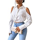 SweatyRocks Women's Cold Shoulder Long Sleeve Button Down Collared Cropped Blouses