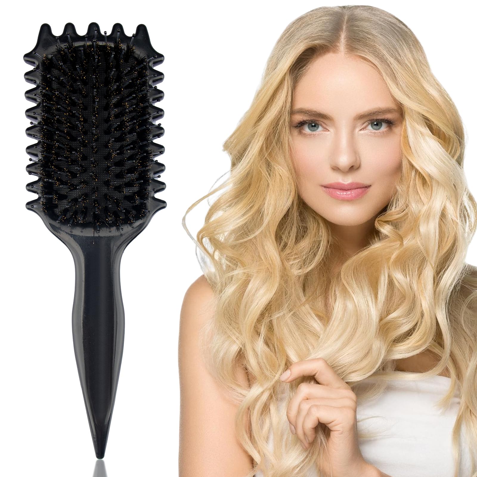 WOHSEROM 1PCS Curly Hair Brush, Curl Defining Brush, Boar Bristle Hair Brush for Combing and Shaping Men's and Women's, Reduce Pulling and Curl Separation for Defined Curls (Black)