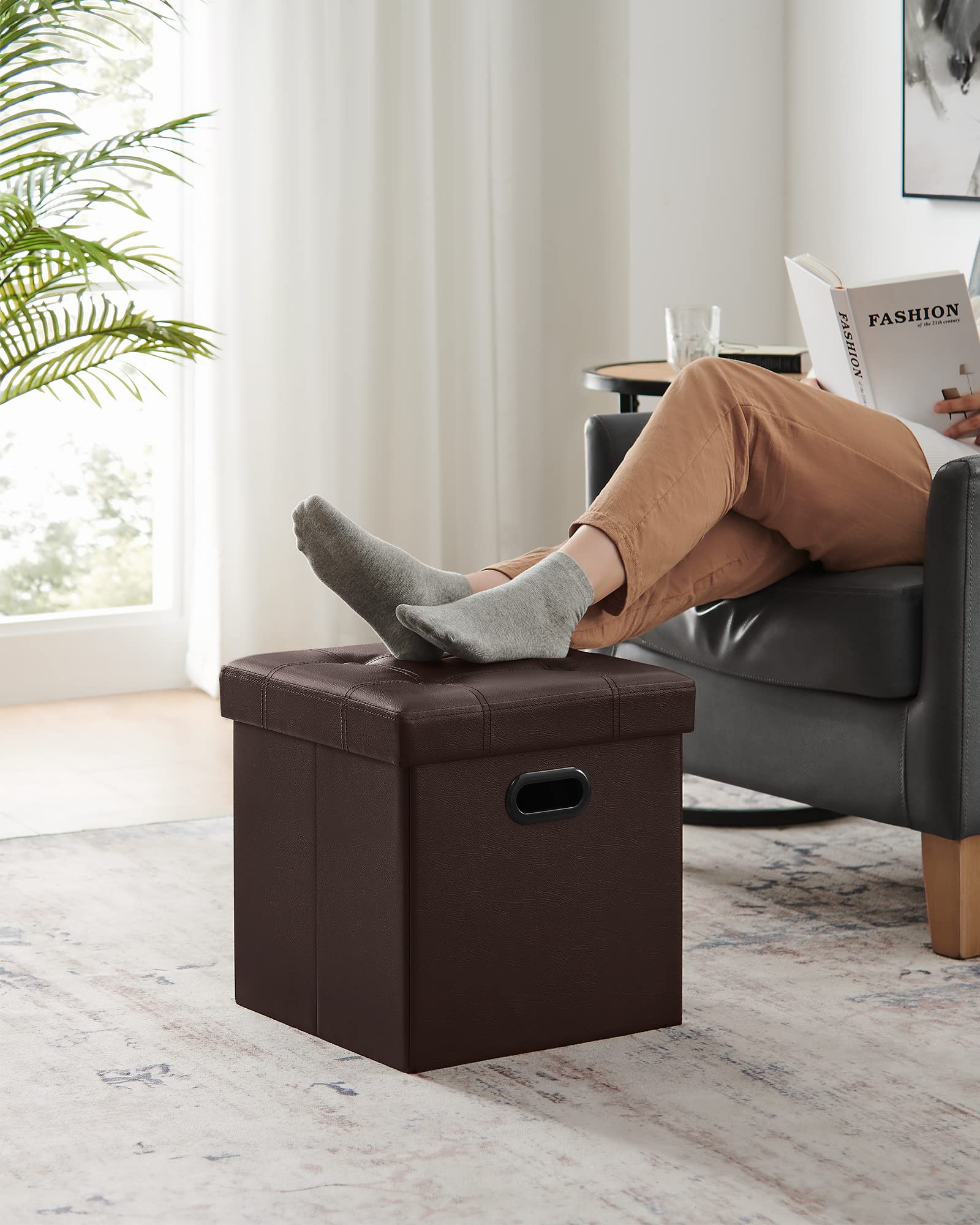 SONGMICS 15 Inches Ottoman with Storage, Footstool, Storage Ottoman with Metal Grommet Handles, Synthetic Leather, 660 lb Load Capacity, for Dorm Room, Living Room, Bedroom, Brown ULSF30Z