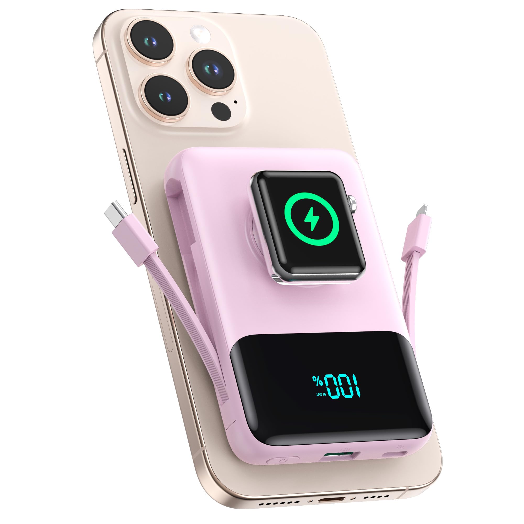 Magnetic Portable Charger for iPhone with Built-in Cable,10800mAh Wireless Power Bank for Magsafe Travel Essential,6-in-1 25W PD Fast Charging USB C Battery Pack for iPhone 17/16/15/14, Apple Watch