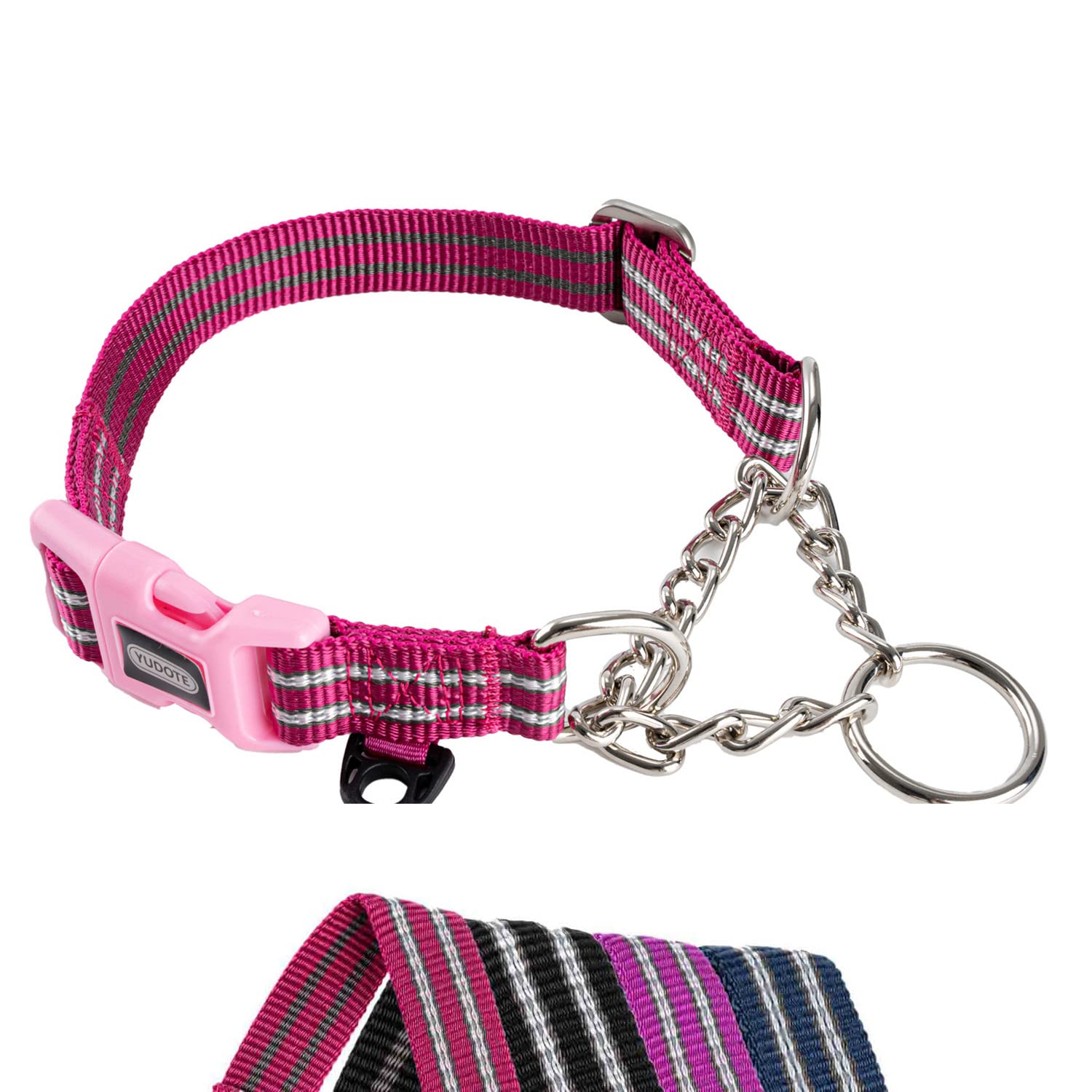 Petiry Half Chain Choke Collar Reflective Nylon Choke Collar with Safety Quick Release Buckle,Escape-proof Anti-pull for Large Dogs Neck 44-56cm(Hotpink,Large)
