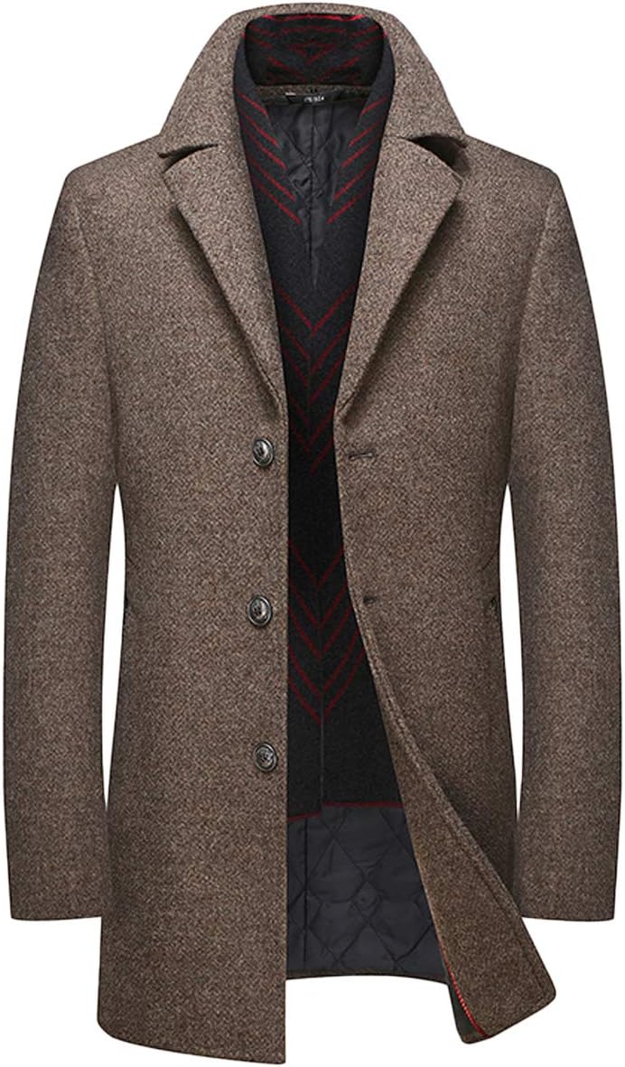 Mirecoo Men's Elegant Winter Warm Short Woolen Coat Business Jacket Free Detachable Soft Touch Wool Scarf